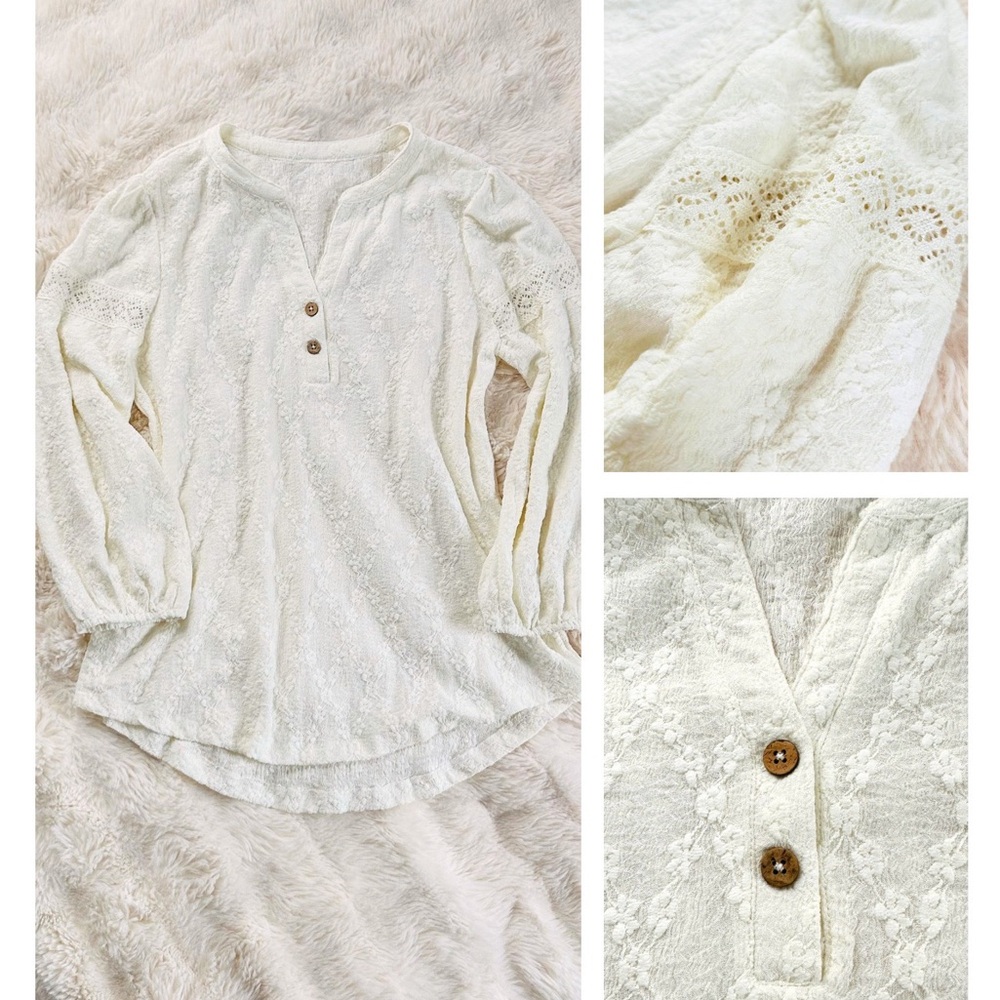 Women's Ivory Lace Henley Top with Button Detail